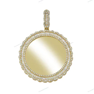 Customized 14 KT Yellow Plated Round Shape Pendant Silver Baguette Round Cut Moissanite Hip Hop Pendant Hip Hop Jewelry For Mens