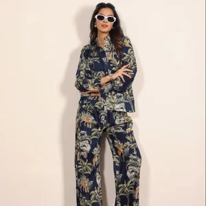 Navy Blue Multicolor Printed 100% Cotton Co-ord Set High Quality Oversized Shirt & Wide Leg Pant Woven with Natural Waistline