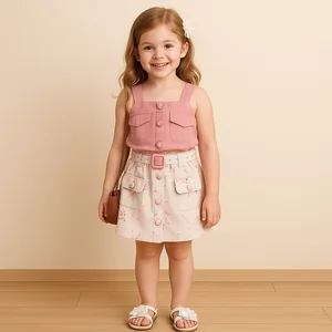 Private Label Summer Boutique Girls Two Piece Clothing Set Pink Crop Sleeveless Blouse Top Floral A-line Skirt with Belt