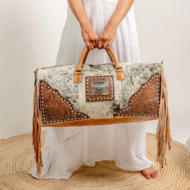 Cowhide Duffle Bag Genuine Leather Tooled Fringe Western Style Boho