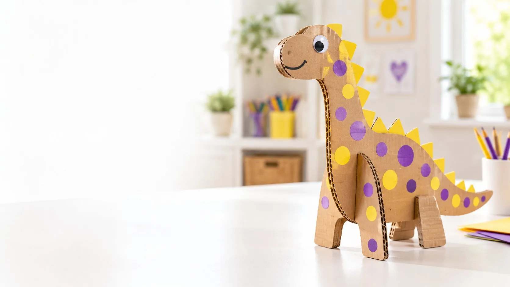 Cardboard dinosaur standing upright with slotted pieces
