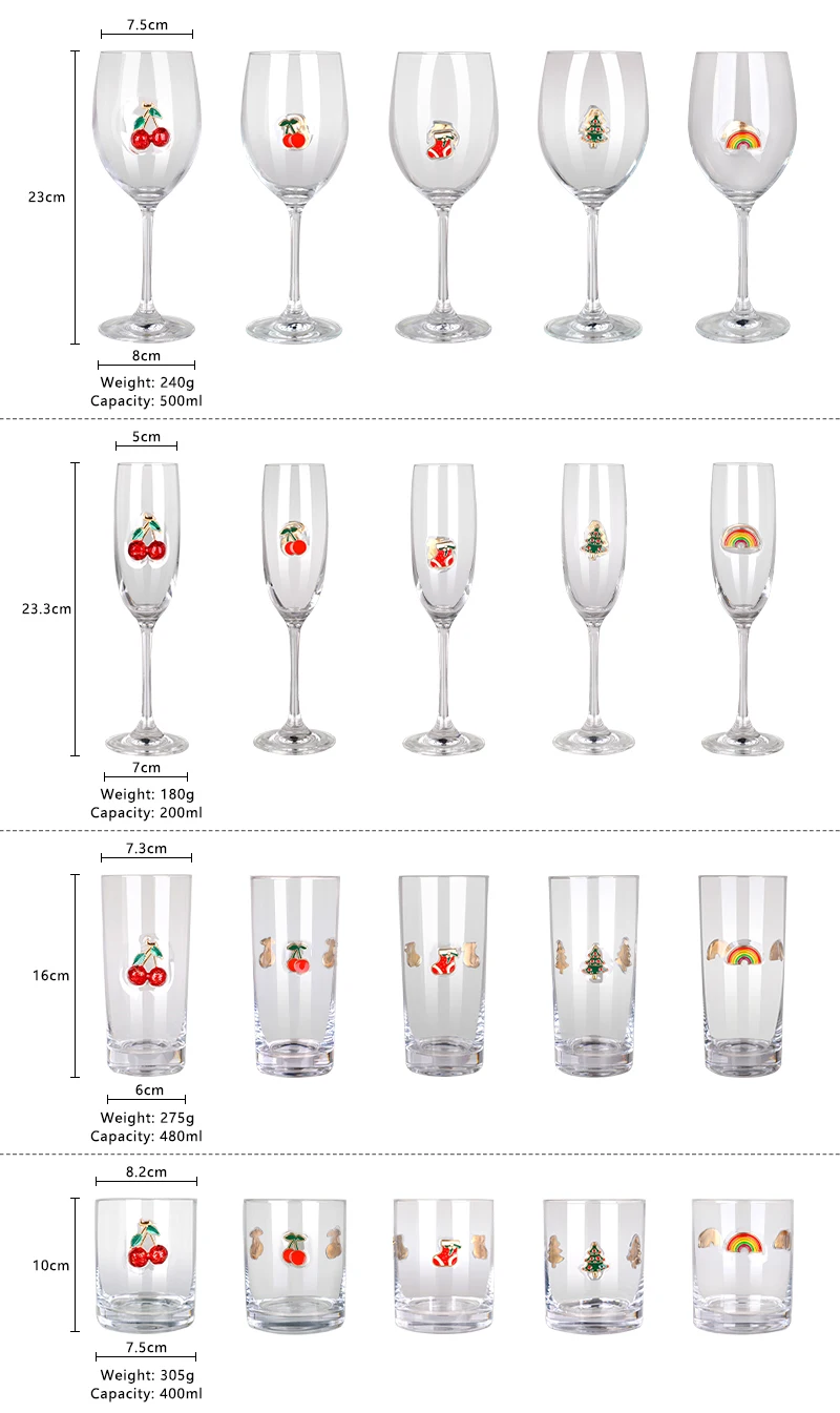 Metallic Affixed 3D Decorative Enamel Emblem Icon Attached Red Wine Drinking Champagne Flute Rocks Highball Collins Glass