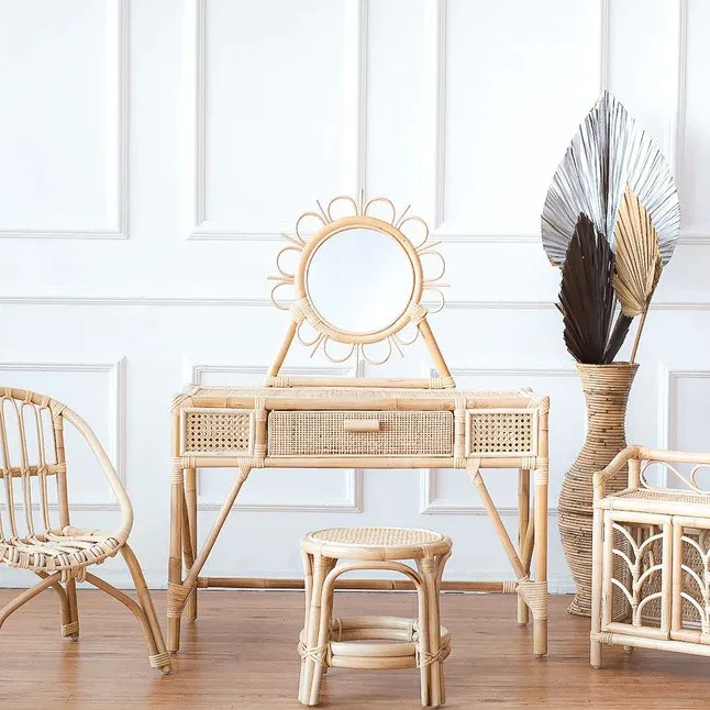 Modern rattan dressing table and stool set with mirror home decor furniture wicker dressing tables