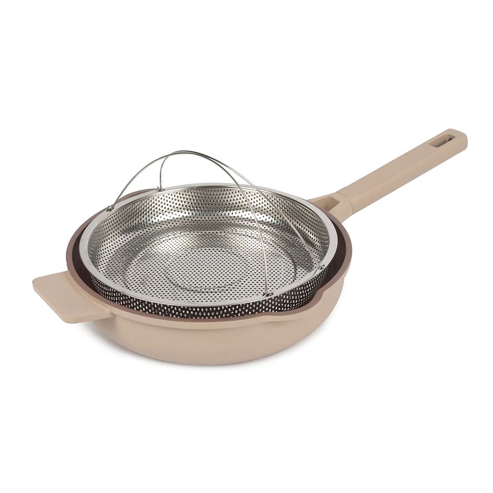 Hot Sale Heavy Cookware Set Deep  Dish Cooking Frying Pan With Basket Steamer