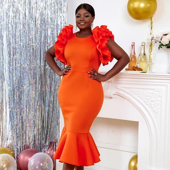 Sleeveless Mermaid Orange Ruffles Plus size Women Office Career Dress