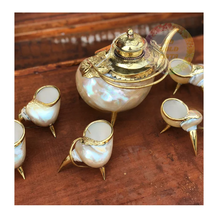 Mother of Pearl Teapot and Shell Cup Set Handmade Nautical-Themed Tea Set for Resorts and Home Decor
