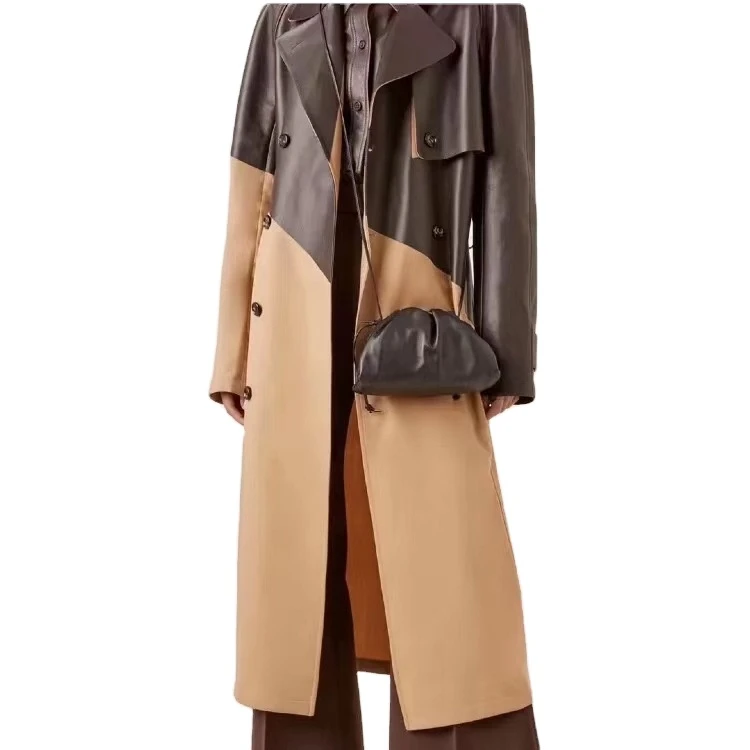 Faux-leather Collar Long Overcoat Wool Trench Coat Winter Woman Ladies Wool Leather Trench Coat - Image 1