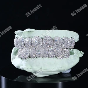 925 Sterling Silver Unisex 16 Teeth Grillz Top & Bottom Mouth Mosaic Setting Rhodium Plated Moissanite Fine Jewelry