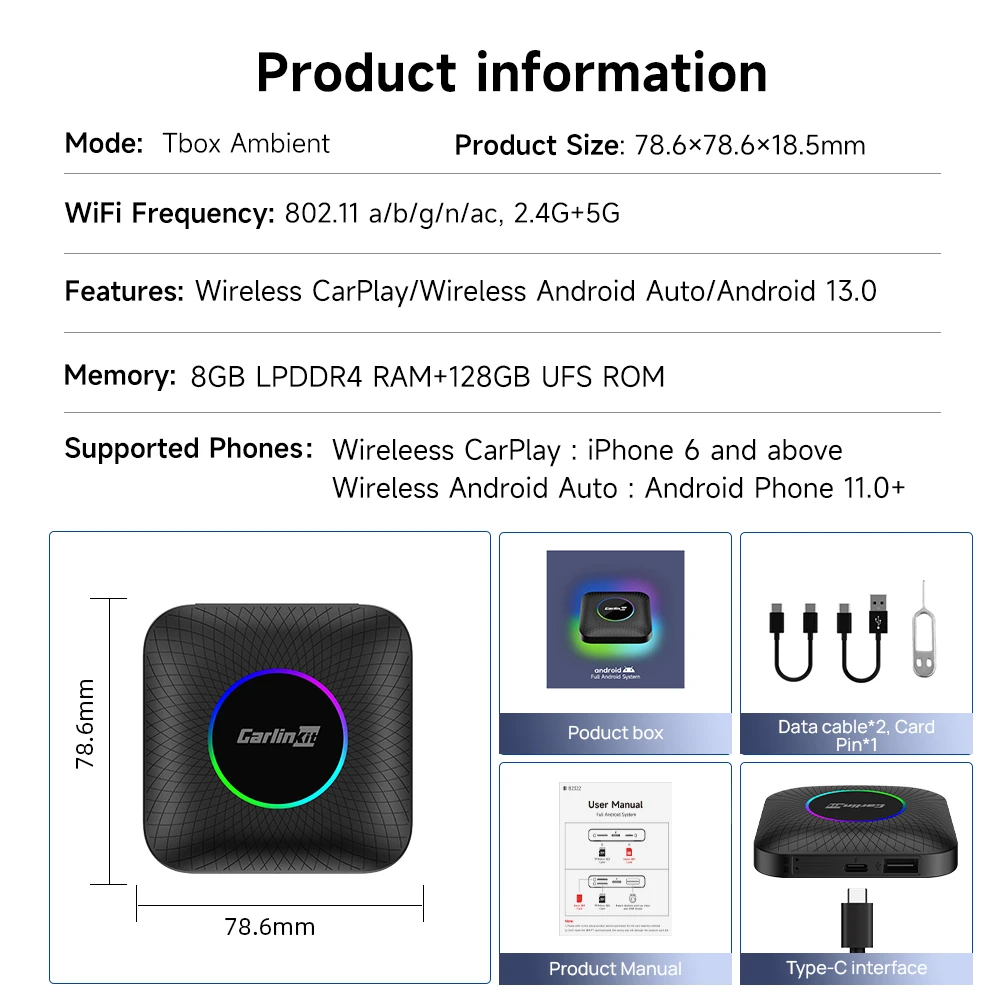 Carlinkit Tbox Ambient USB - Android 13, 8GB RAM, 128GB Storage