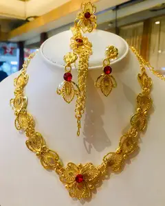 24K Gold Plated Vintage Jewelry Set 18K Copper Necklace & Earrings with Floral Pattern Zircon USA France Fashion Accessory