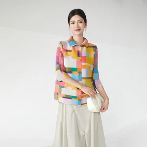 Women Clothing Wholesale Miyake Pleated Top Design Casual Lapel Cardigan Ladies Fashion T-Shirt Free Size