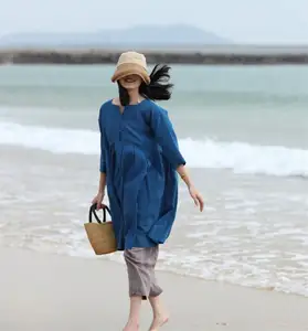 Custom Made Plus Size Women's Midi Pleated Linen Cotton Dress 3/4 Sleeve Handmade Buttons Natural Waistline Washable Dress