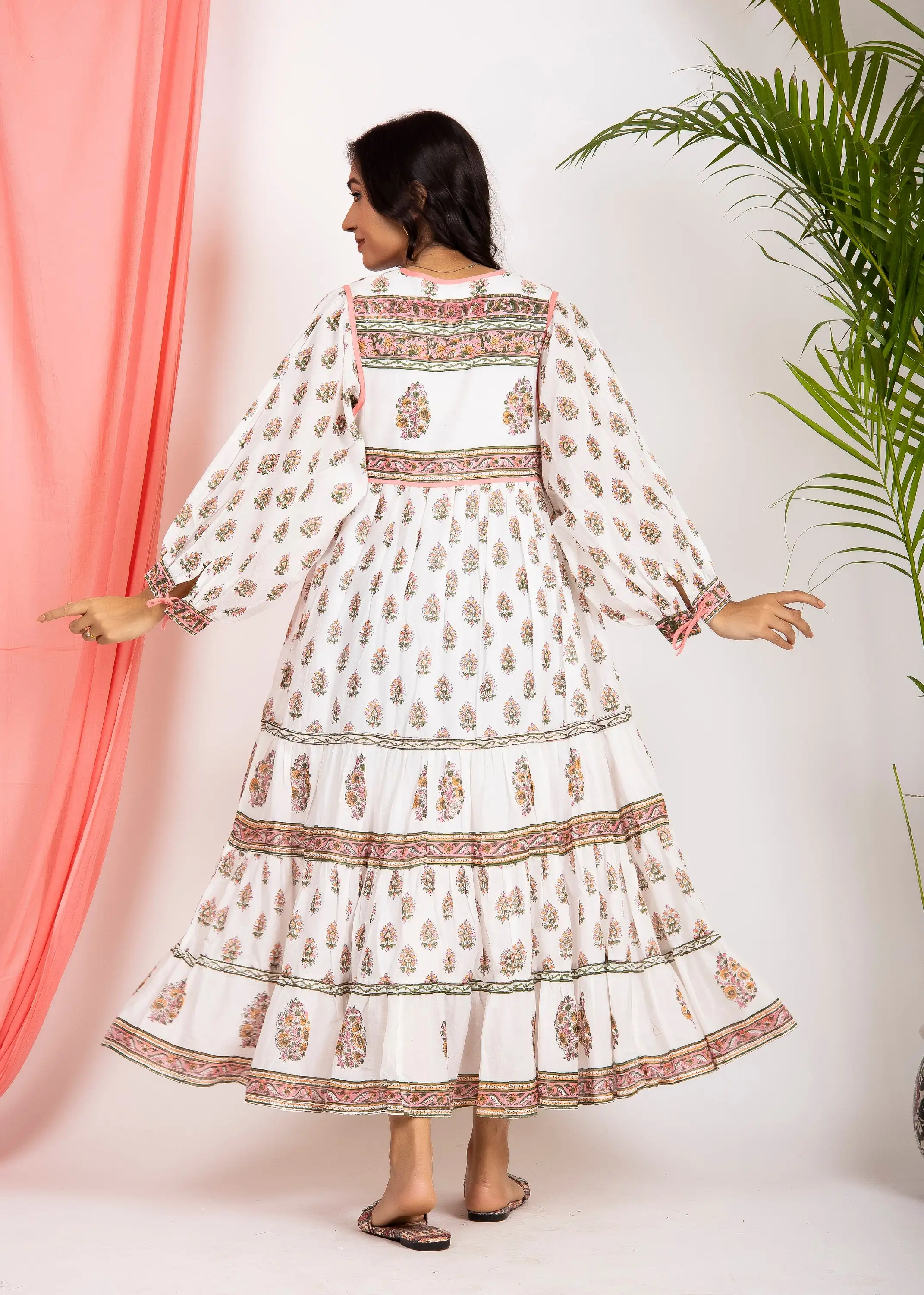 Pink - Block Print Cotton Tiered Sanganeri Dress 01