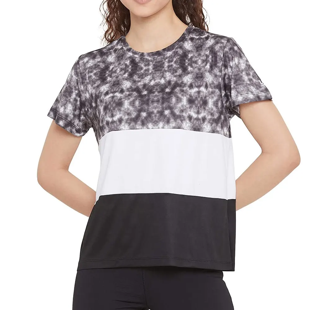 Women's Sporty Tie Dye Color Block Crew Neck Short Sleeve Quick Dry Polyester Crop T-Shirt