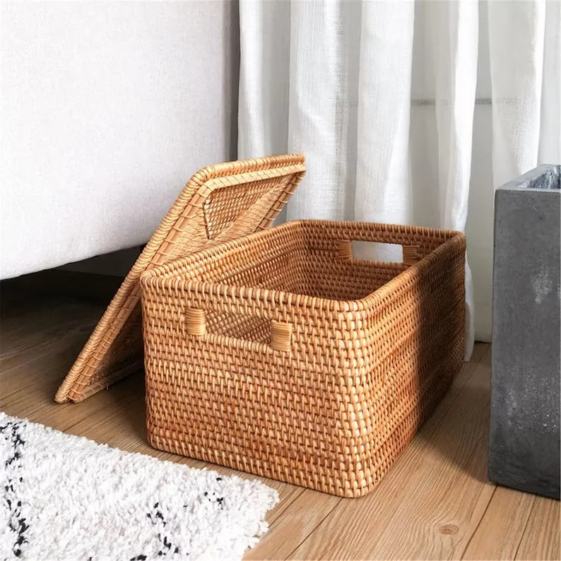 Rattan Storage Box With Lid Rectangular Rattan Storage Basket Storage ...