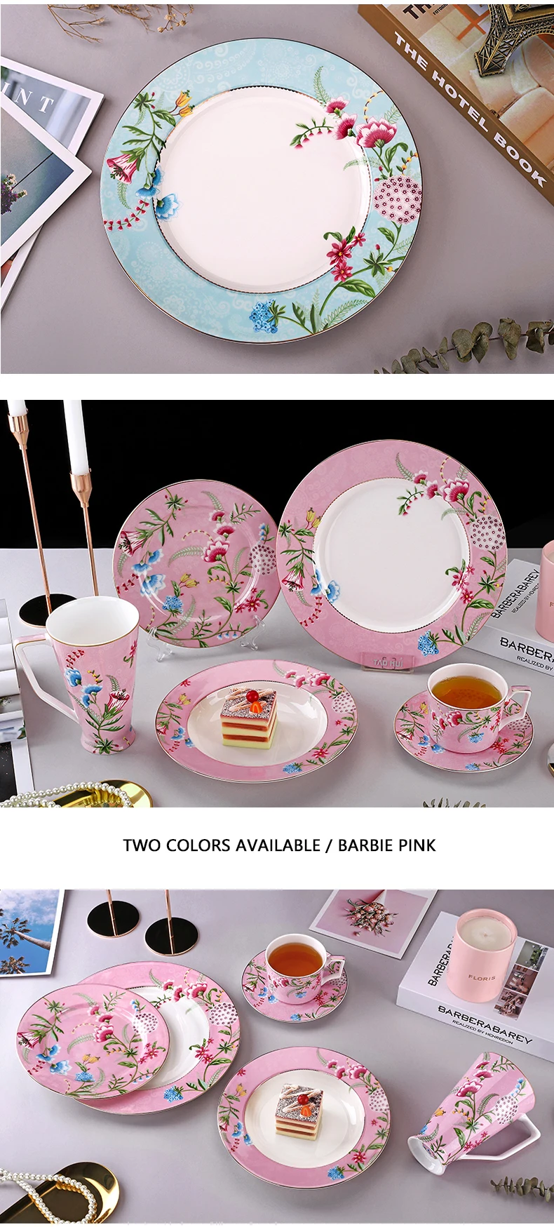 Hawaiian style 2023 pink and green afternoon dinnerware set bone china coffee cup and saucer factory