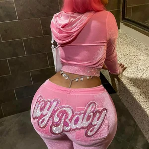 Custom Sweatsuits Women Hoodie Sweat Suit Rhinestone Logo Casual Jogger Two Piece Velvet Tracksuits for Women