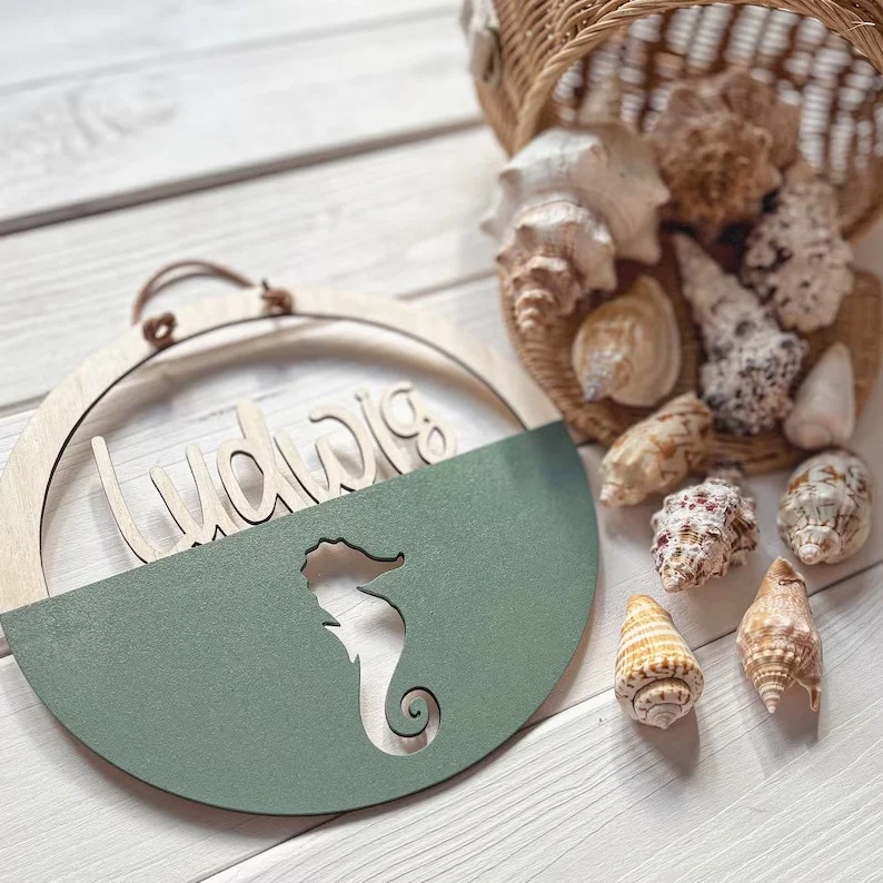 Round Wooden Photo Frame with Personal Name Engraved Gentle Pastel Printed for Bedroom Hanging Decor or Home Storage Design