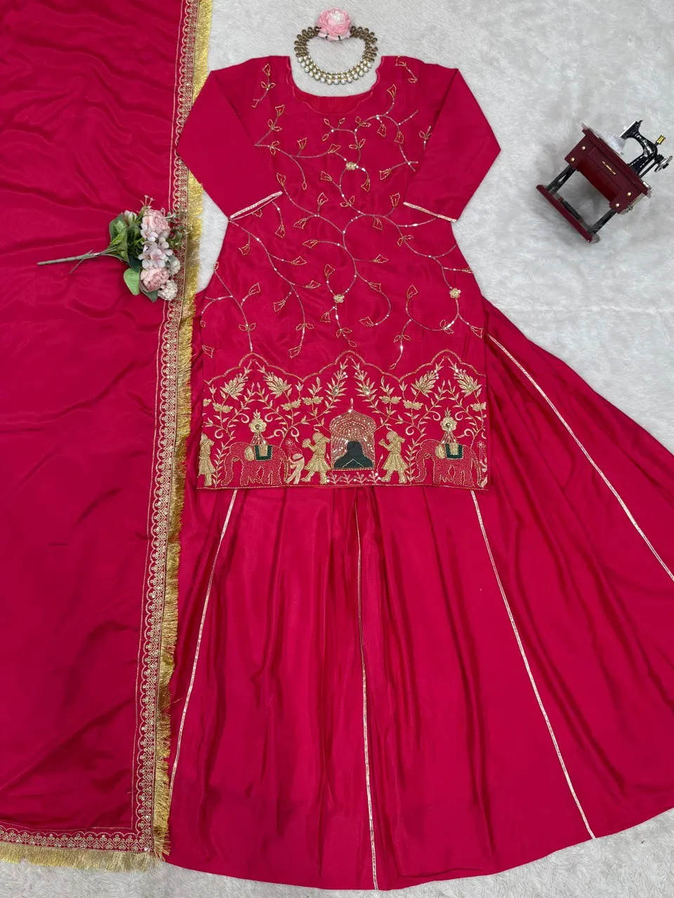 Traditioneel Jaipur Mooi Indiaas Borduurwerk Kurti Sharara voor Meisjes & Vrouwen Feestelijke Party Kantoorkleding Jurk, Rood, M