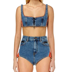 Color Block Denim Top Ladies Wide Shoulder Strap Bra Washed Denim Shorts Set