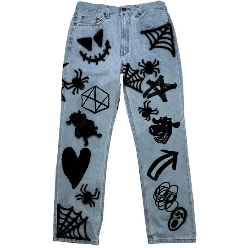 DiZNEW Men's Tight-fitting Silk Screen Jeans Simple Cartoon Dark Style Men's Jeans