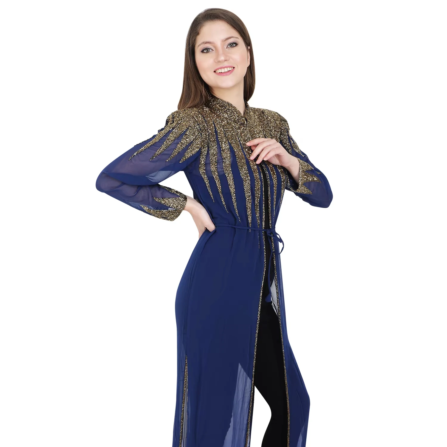 beaded dresses made in india Indian Exporter of Women's Empire Waist High Slit Evening Hand Sequins Long Sleeve A-Line Dress for Club Party Wear beaded glass bead dress mcdress3070 Open Back Black and Color:Juniper (Green)