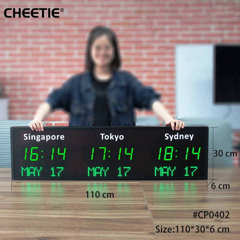 CHEETIE CP34 Custom Multiple Programmable Timer Zone Wall Clock LED City Time Date Display LED Digital World Clock