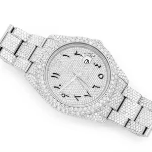 Premium Iced VVS Clarity Moissanite Studded Diamond Stainless Steel Mechanical Movement Watch Arabic Dial Full White High Cheap