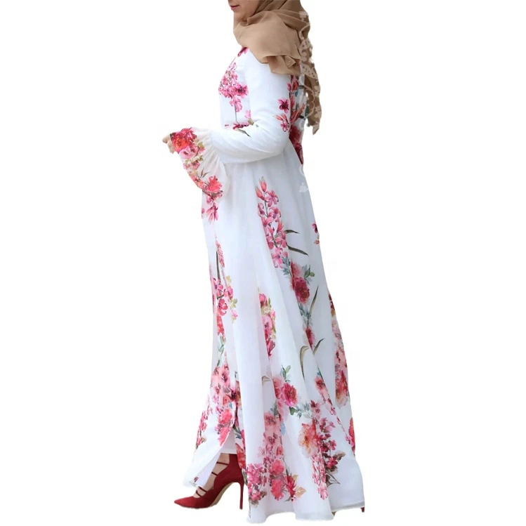 White Suit Red Flower Printed Best Selling Abaya Dress Dubai Designs Islamic Ethnic Clothing Private  Label Abaya for Muslims