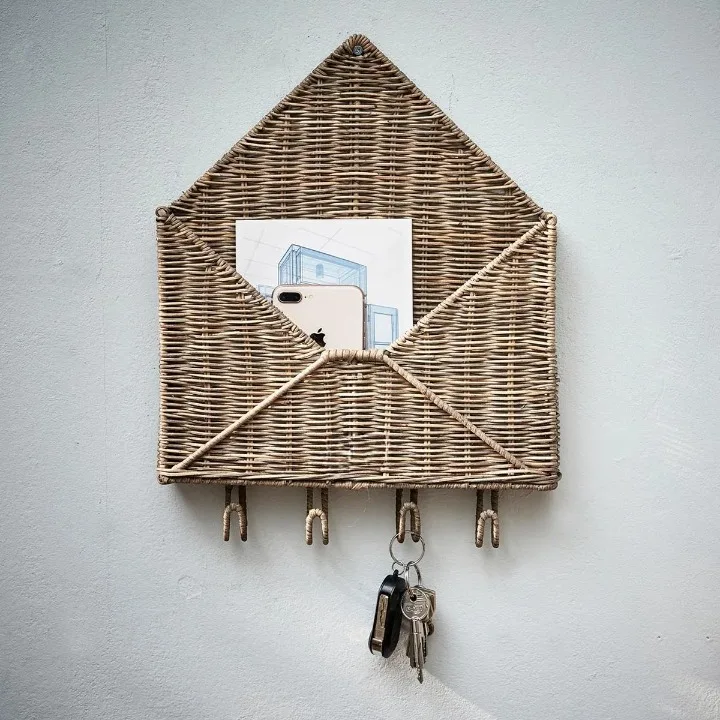 Rustic Rattan Wall Mounted Mail Shaped Rack With Hanger Hand Woven