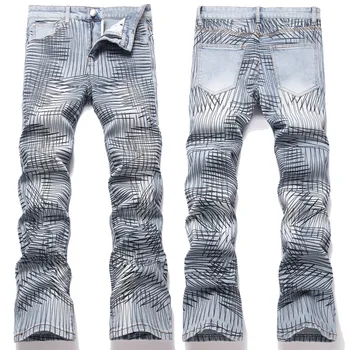 Men's Stonewashed Denim Flared Pants with Chaos Print Hip Hop and High Street Style Embroidery and Rivet Decoration