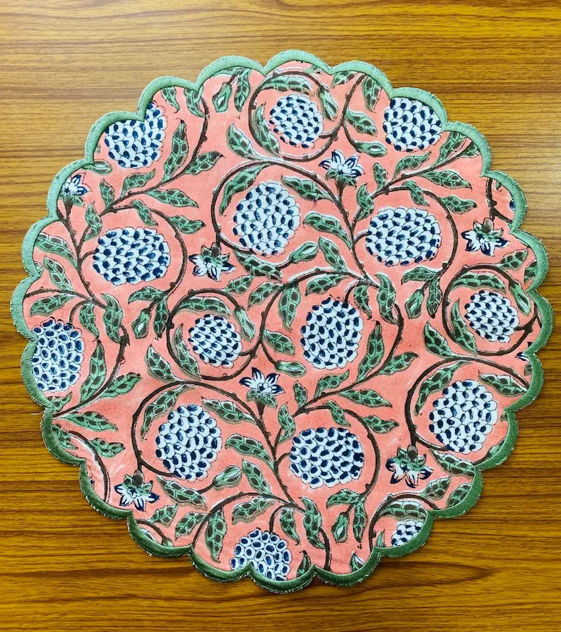Dark Salmon Pink Sage Green Delft Blue Indian Floral Hand Block Floral