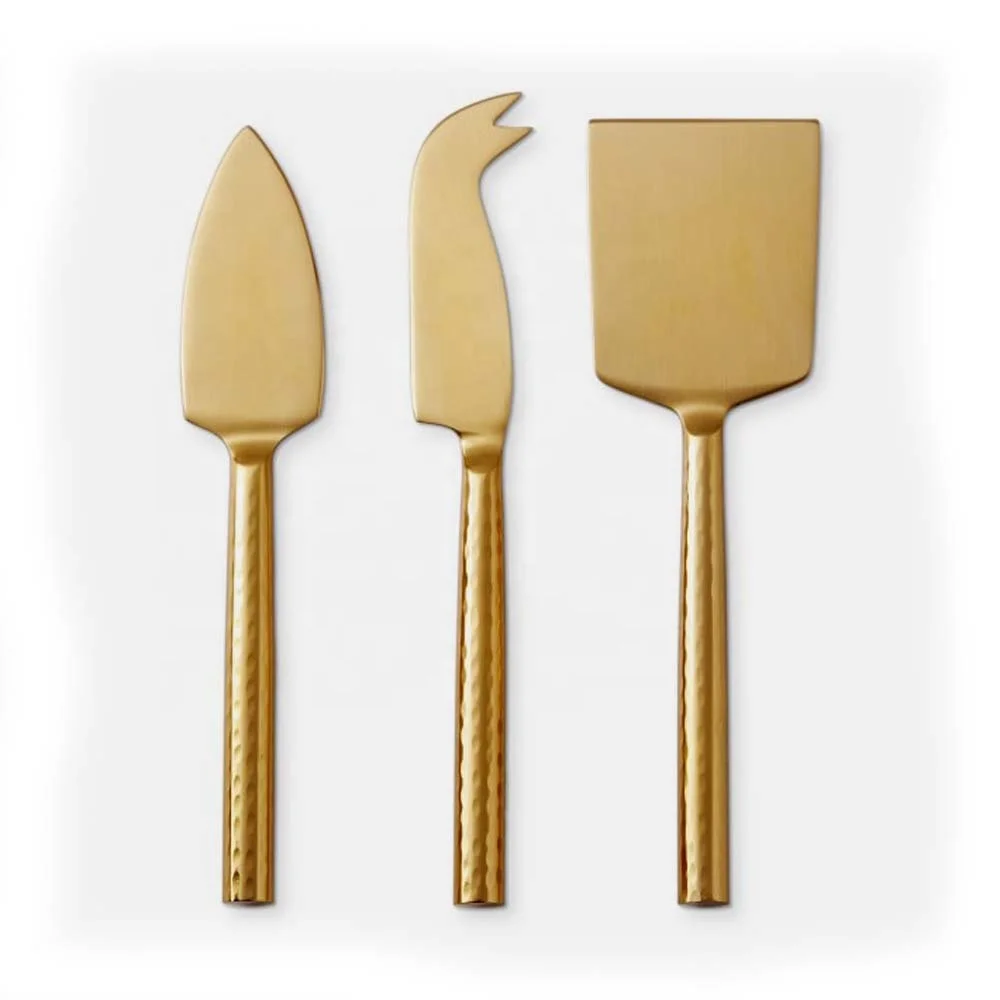 Factory Supply Gold Plated Stainless Steel Spreader with Solid Round Handle Cheese Set