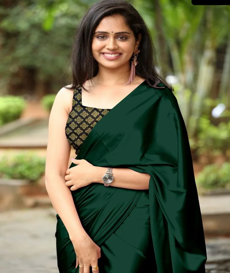 Latest Plain Satin Silk Saree with Jacquard Silk Blouse Pieces Party Wear Fancy Saree Indian and Pakistani Salwar Kameez Suit