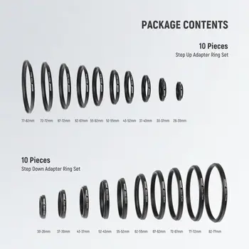 Neewer- 20 Pieces Anodized Black Metal Lens Filter Adapter Ring Kit Including 10 Pieces Step up and Step Down Adapter Ring Set detail image