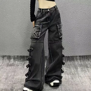 New Fashion Women's Vintage Washed Cargo Pocket Denim Pants