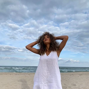 Classic White Linen Tank Dress with Applique Decoration Minimalist Beach Cover-Up Summer Short Linen Sleeveless Tunic Dress