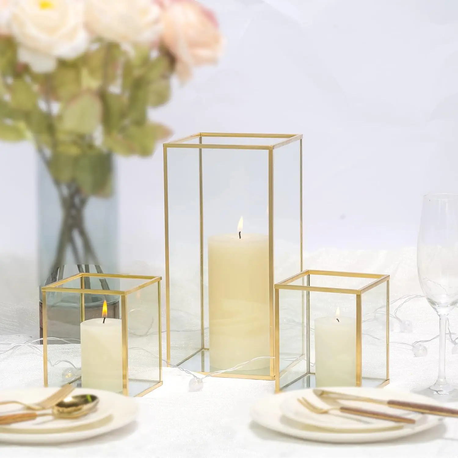 Modern Square Hurricanes Candle Holders Set 3 Pieces Transparent Glass Metal Black Border Eco-Friendly Easter Handmade Home