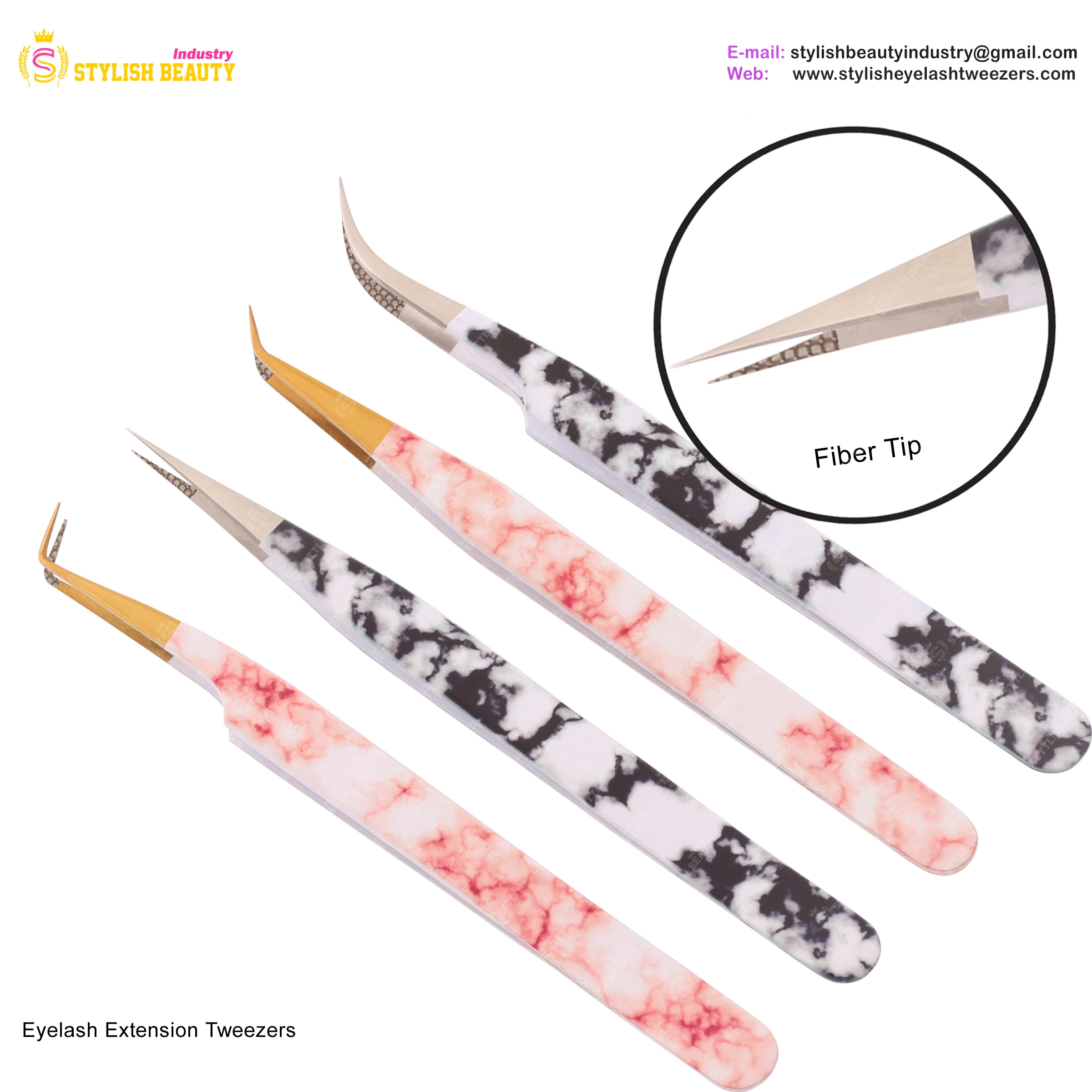 Latest Design Eyelash Extension Tweezers Set Fiber Tip Strong Curved