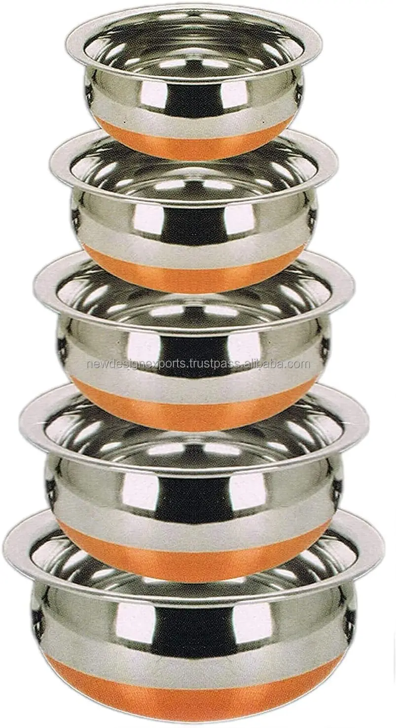 Indian Serving Handi 5 Pcs Set  Copper Bottom Stainless Steel Cooking Pot Biryani Punjabi Kitchen Serving Bowl