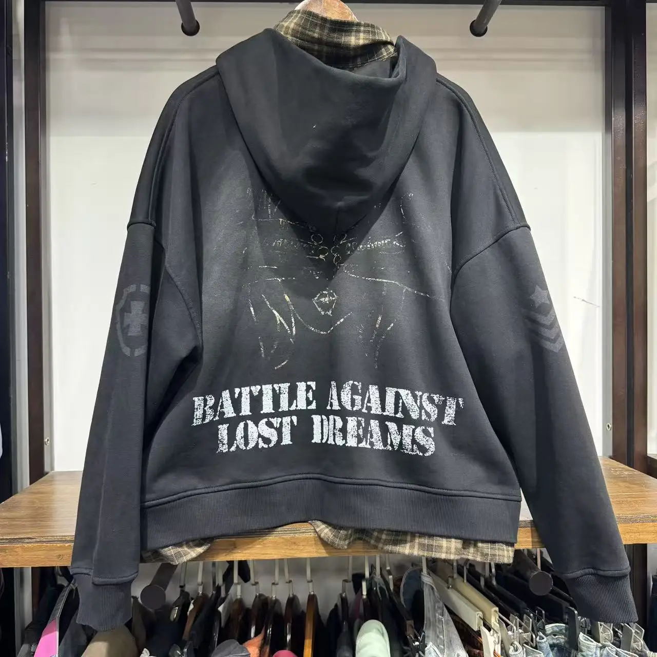 SALATI Manufacturer Custom Vintage Distress Blank Rhinestone Distressed Drop Shoulder Shirt Line Zip up Hoodie Men gallery 2