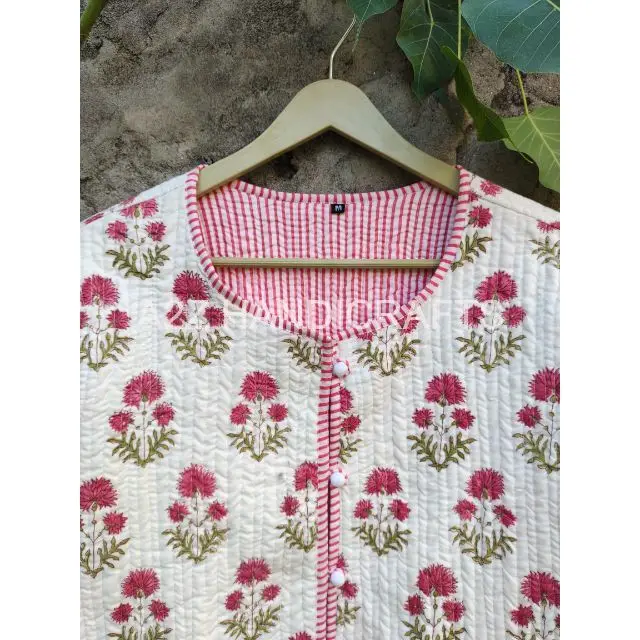 Hand Block Flower Print Winter Jacket Women Clothing White & Pink Indian Kantha Jacket Cotton Quilted Coat, Boho, Hippie