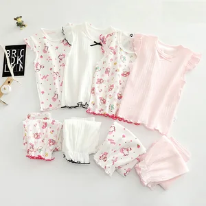 2pcs Girls Casual Clothing Sets 100% Cotton Kids Nightwear and Sleepwear Solid Pattern Pajamas Set for Girls