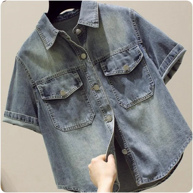 Wholesale Customized Jeans Women Turn-down Collar Cropped Jean Jackets For Women Loose Denim Jacket Women