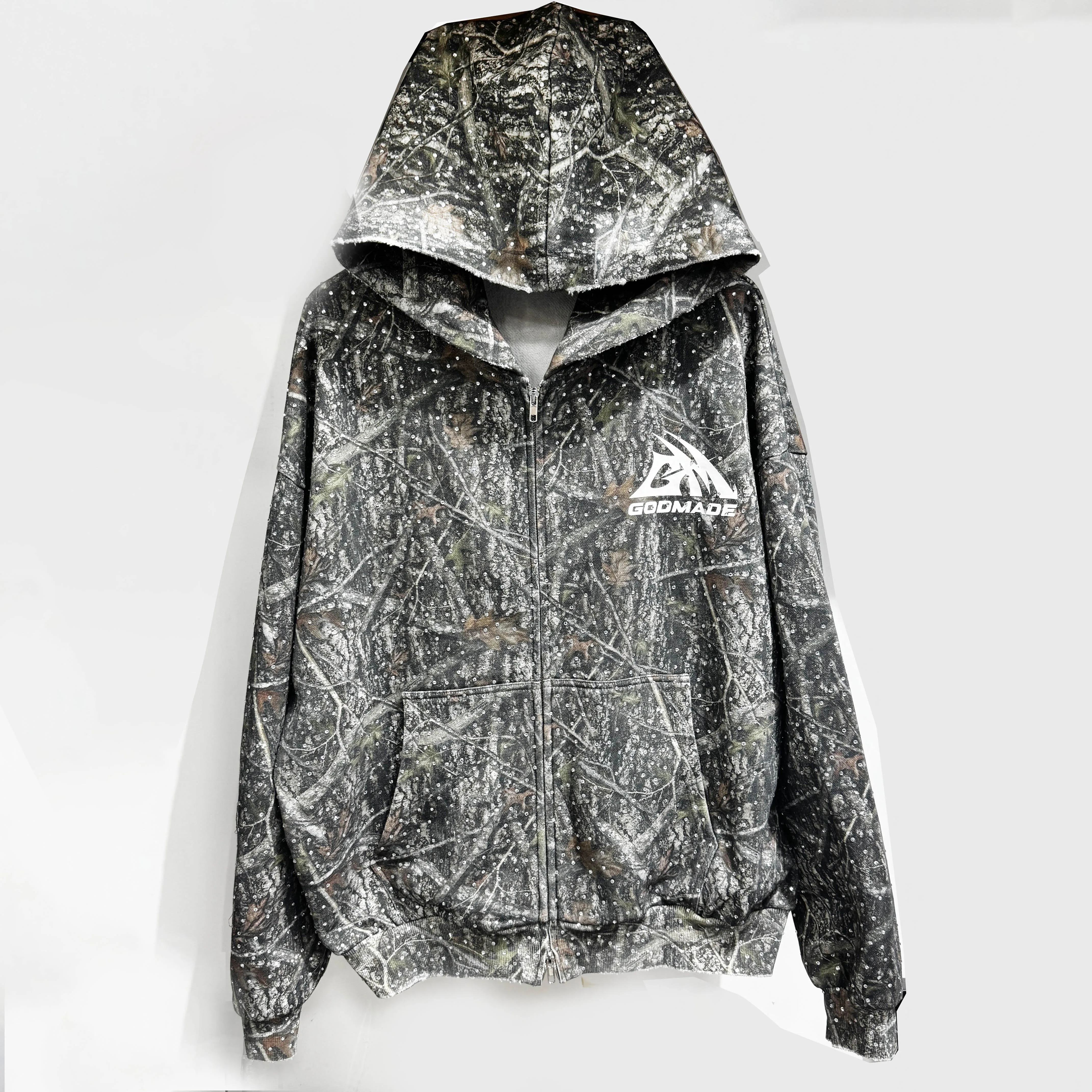 Streetwear Custom Distressed Vintage Washed Camouflage Real Tree Cotton Rhinestones Oversized Cropped Hoodie for Men gallery 7
