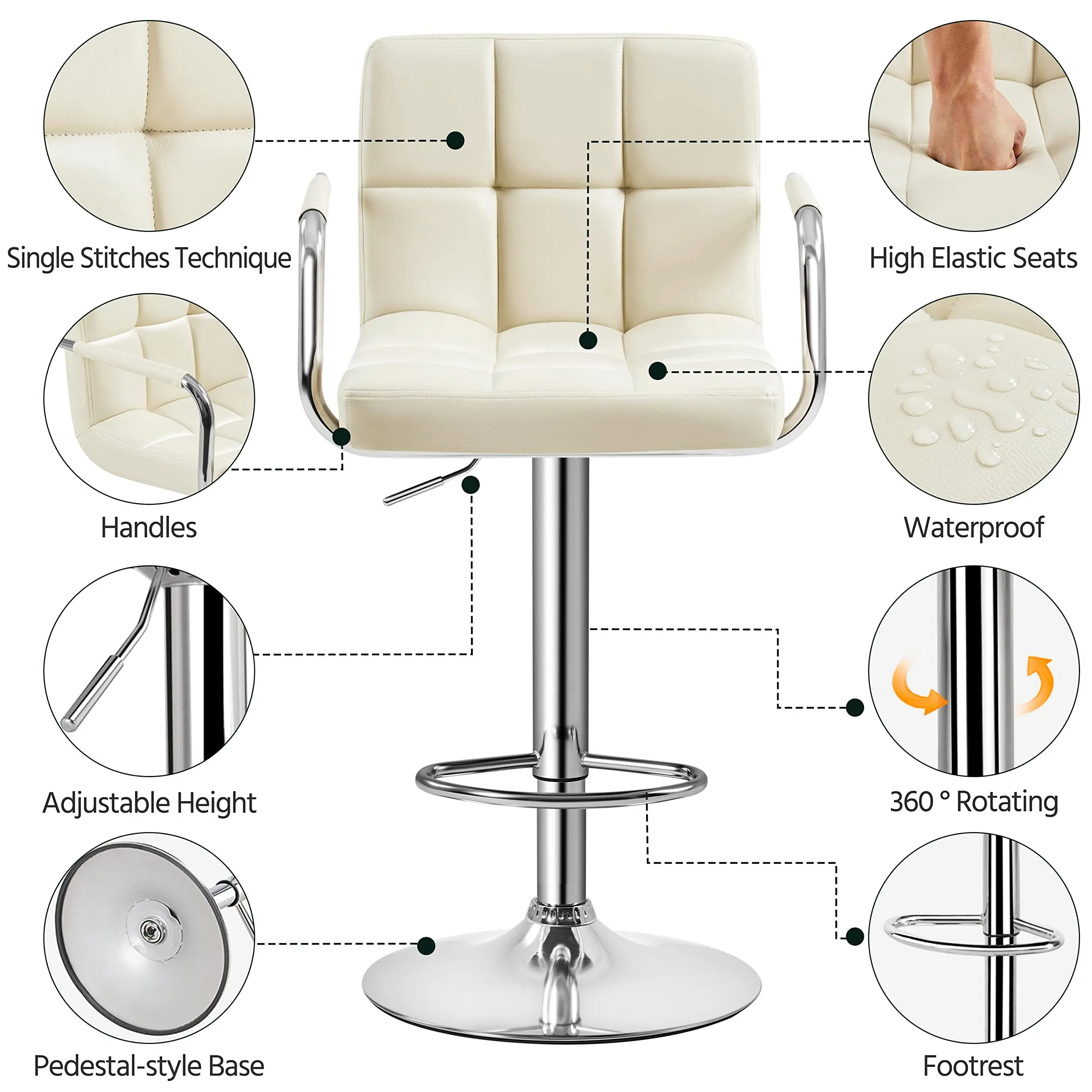 Modern Square Pu Leather Adjustable Barstool Counter Height Stools With Arms Bar Chairs 360