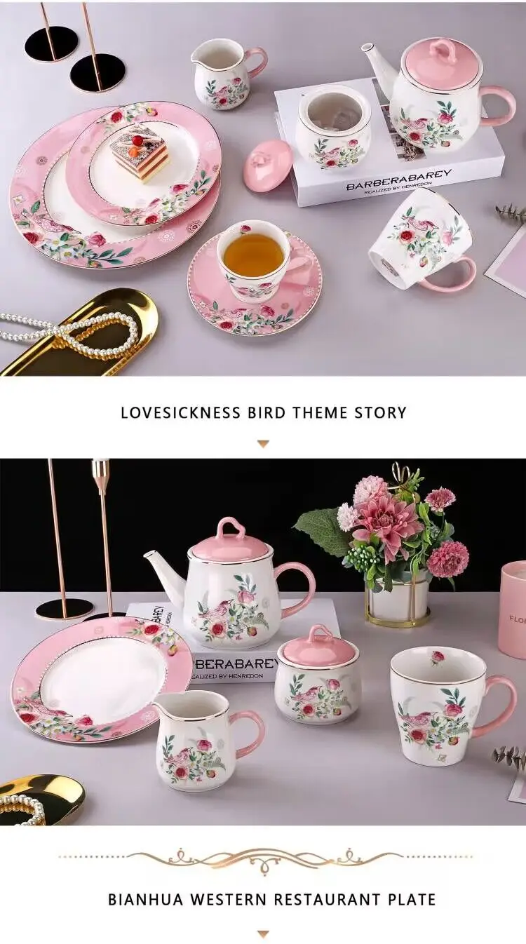 Fairy tale bird dinnerware set bone china tea cup set sugar and creamer pot set coffee cup and saucer for gift factory