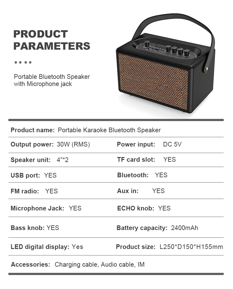 Light Weight and Equipped With Carrying Handle 3600mAh Powerful Portable Karaoke Bluetooth Speaker 30Watts