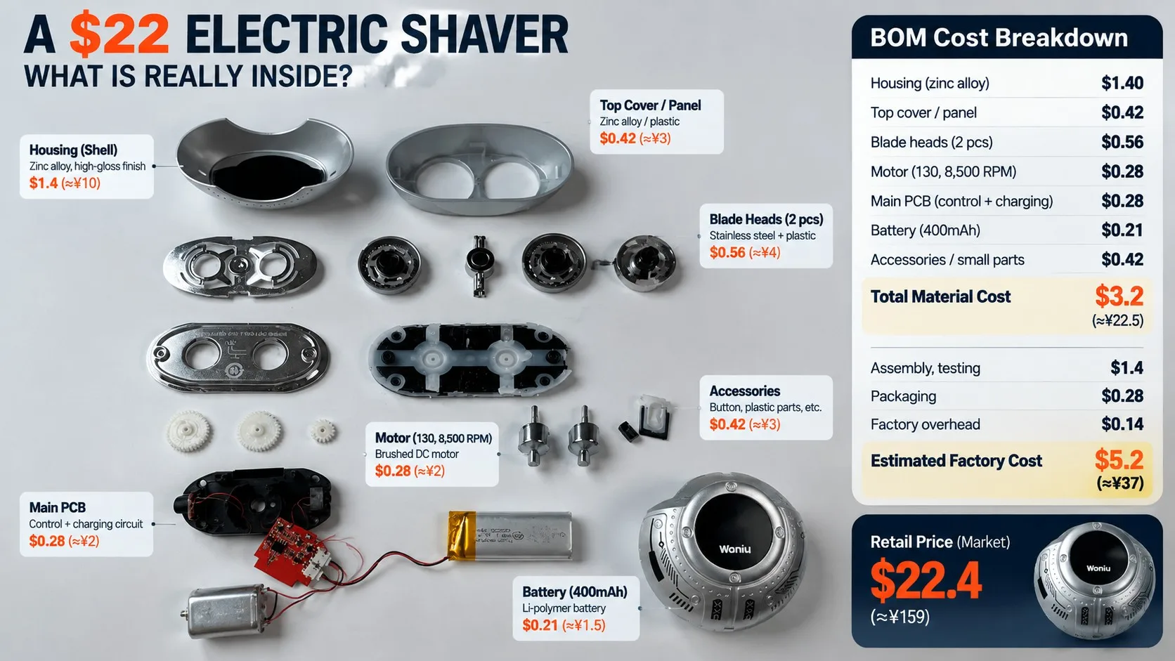 A $22 Electric Shaver Teardown and Real BOM Cost Breakdown from China Manufacturing