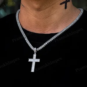 Baguette Cut Moissanite Cross Pendant Iced Out 925 Silver Necklace Hip Hop Jewelry For Men and Women Daily Wear Diamond Jewelry
